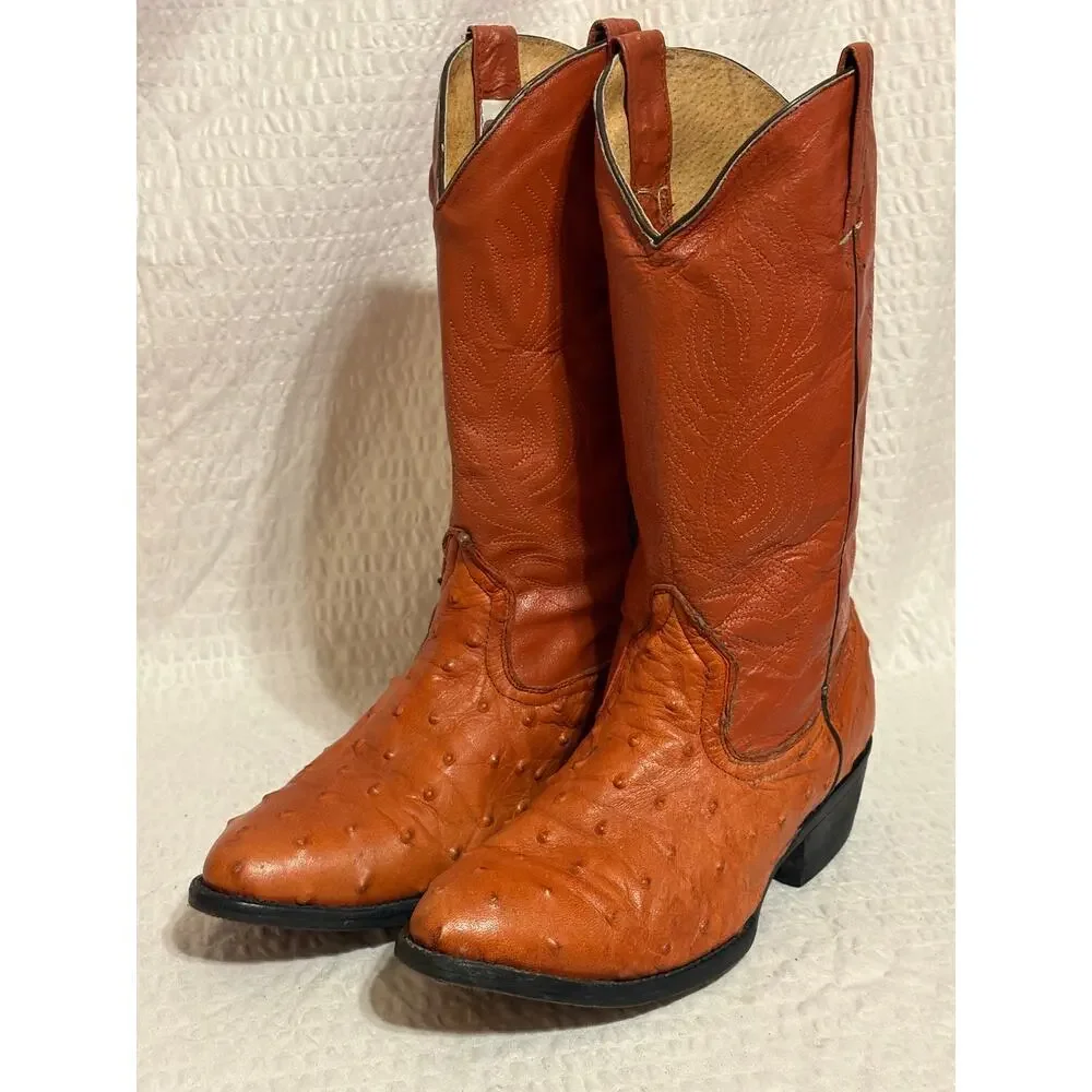 VTG Full Quill Ostrich Handmade Mexico Cowboy Boots Men’s 8.5 Mex 26.5 Cognac